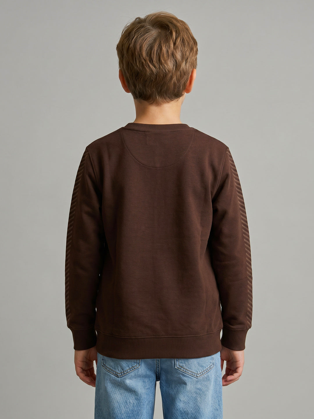 Boys Brown Printed Round Neck Full Sleeve Sweatshirt
