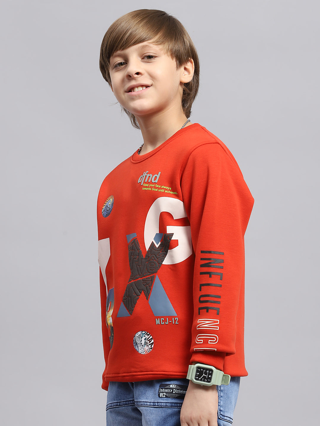 Boys Orange Printed Round Neck Full Sleeve Sweatshirt