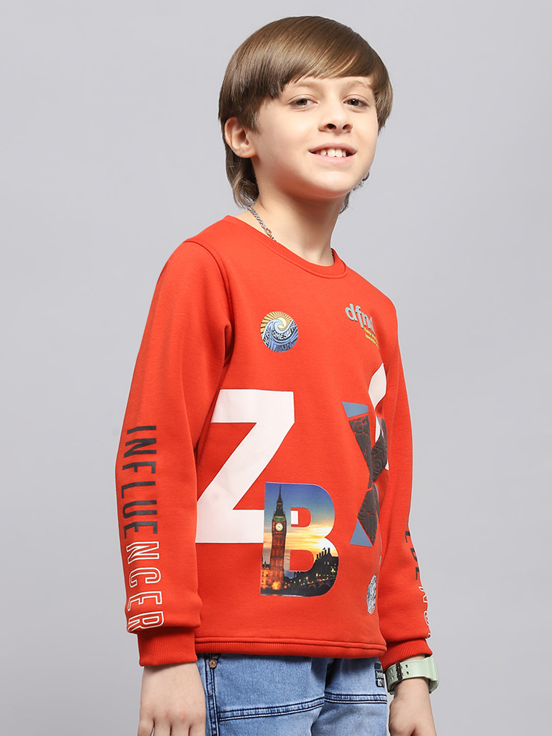 Boys Orange Printed Round Neck Full Sleeve Sweatshirt