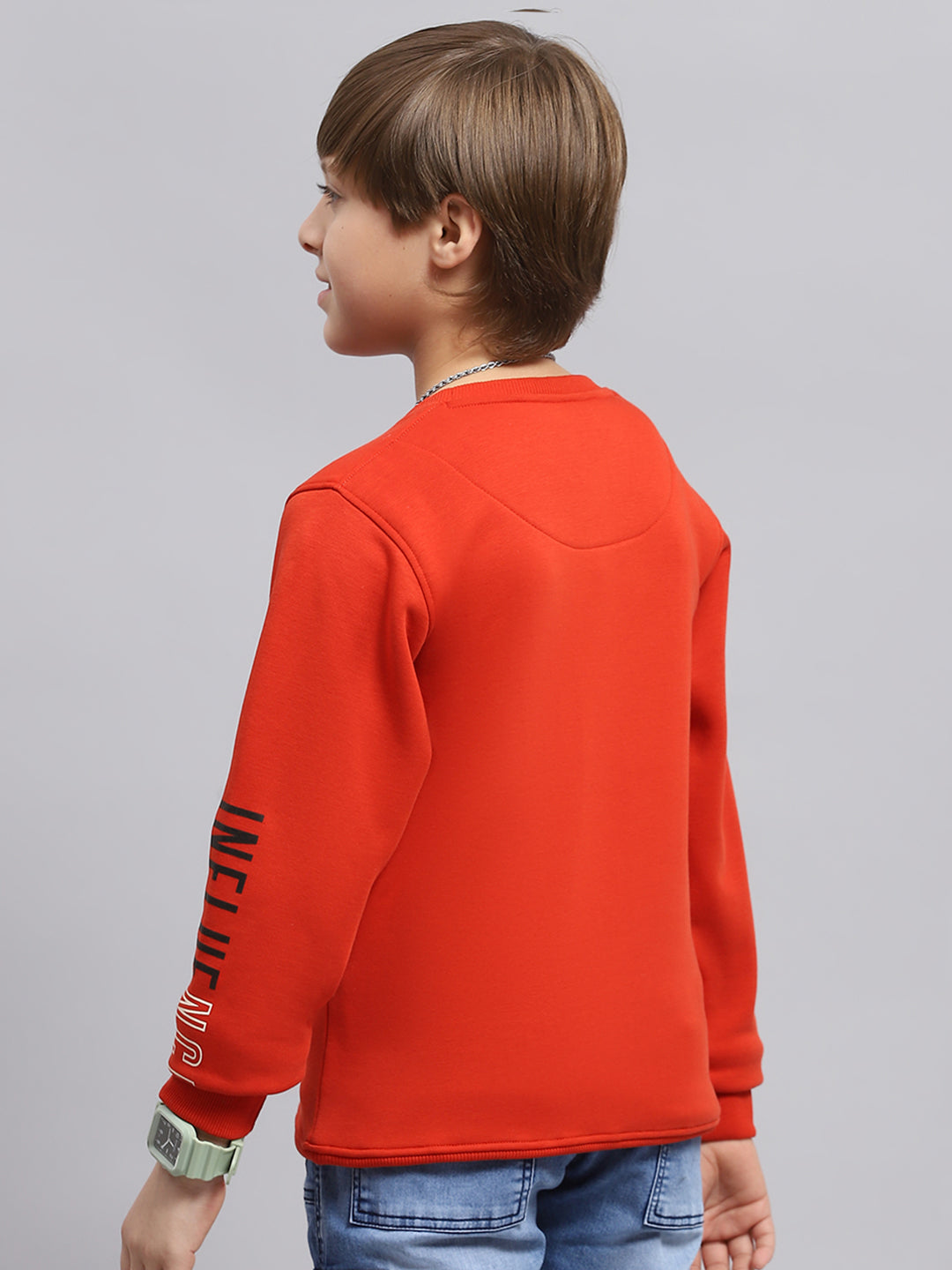 Boys Orange Printed Round Neck Full Sleeve Sweatshirt