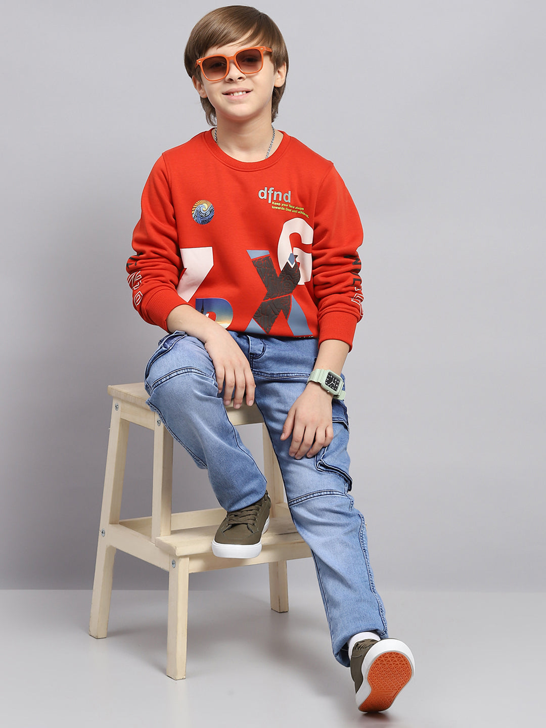 Boys Orange Printed Round Neck Full Sleeve Sweatshirt