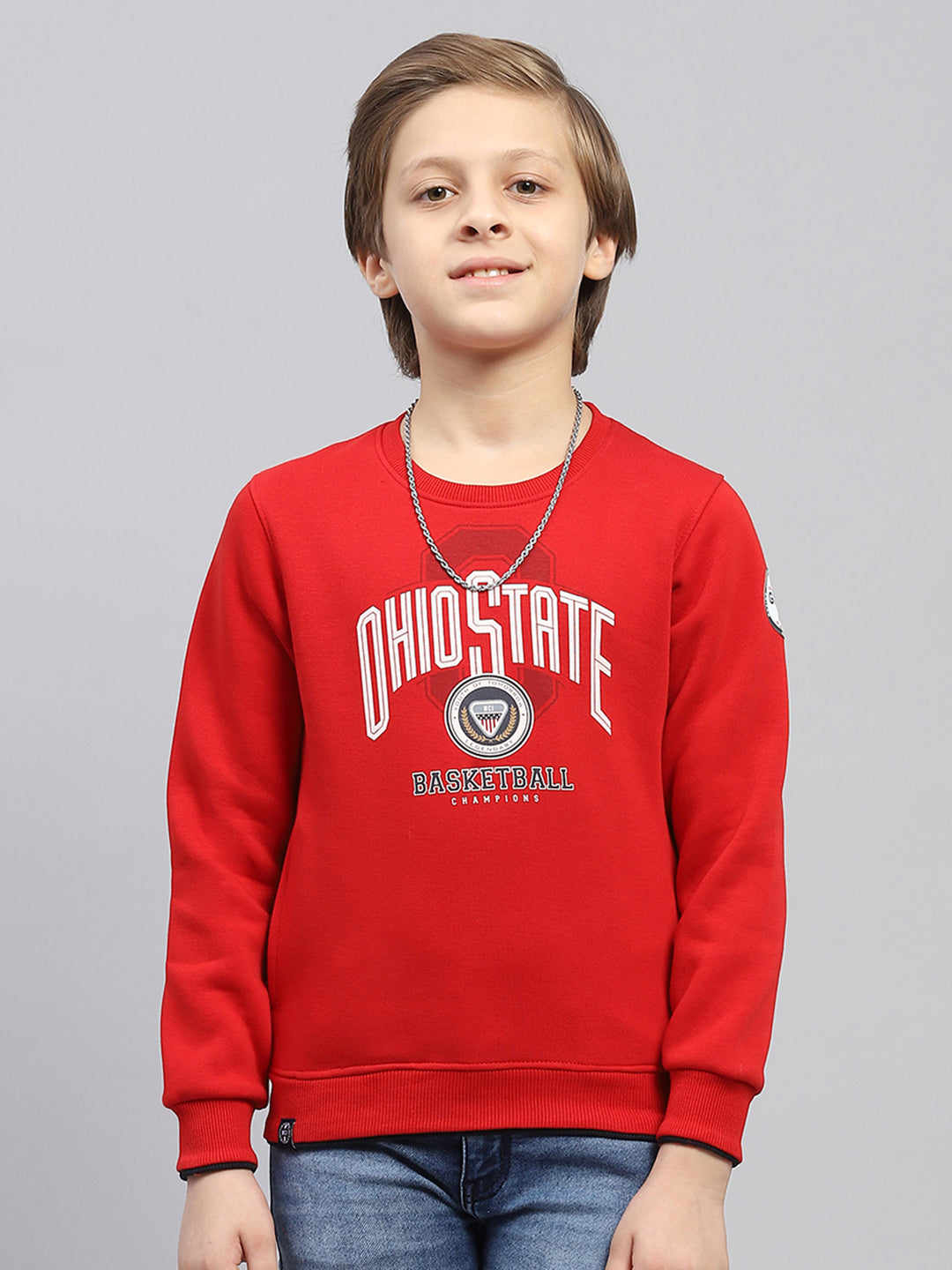 Boys Red Printed Round Neck Full Sleeve Sweatshirt