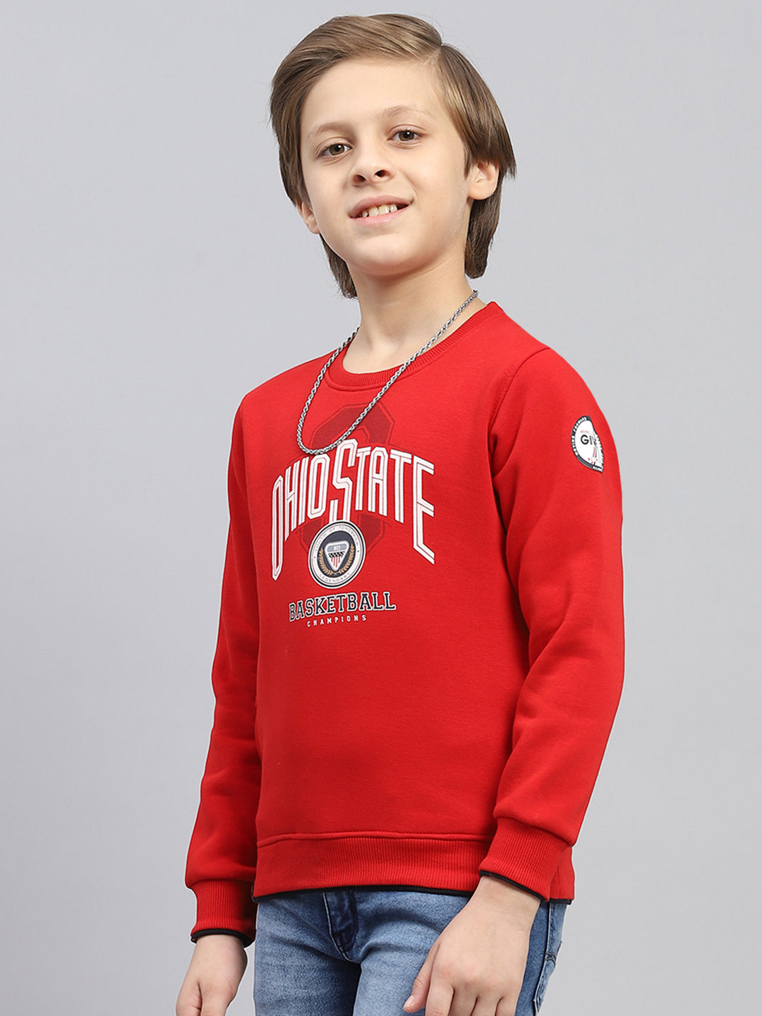 Boys Red Printed Round Neck Full Sleeve Sweatshirt