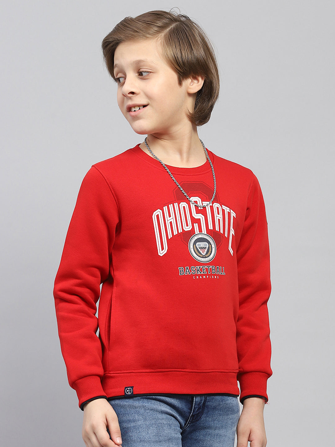 Boys Red Printed Round Neck Full Sleeve Sweatshirt