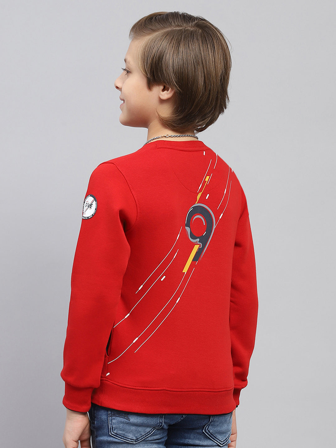 Boys Red Printed Round Neck Full Sleeve Sweatshirt