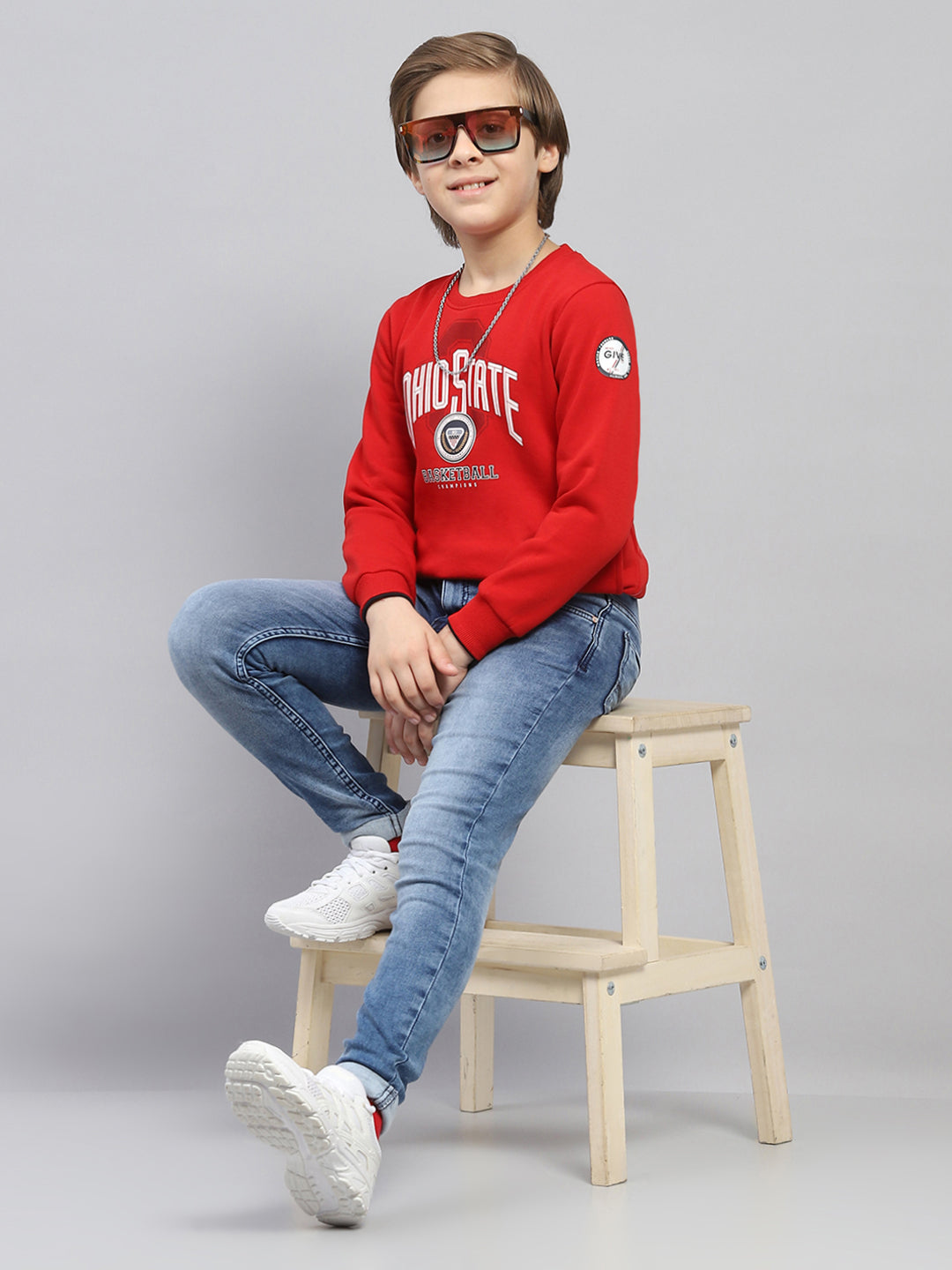 Boys Red Printed Round Neck Full Sleeve Sweatshirt