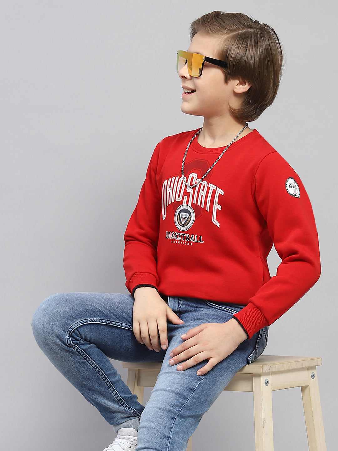 Boys Red Printed Round Neck Full Sleeve Sweatshirt