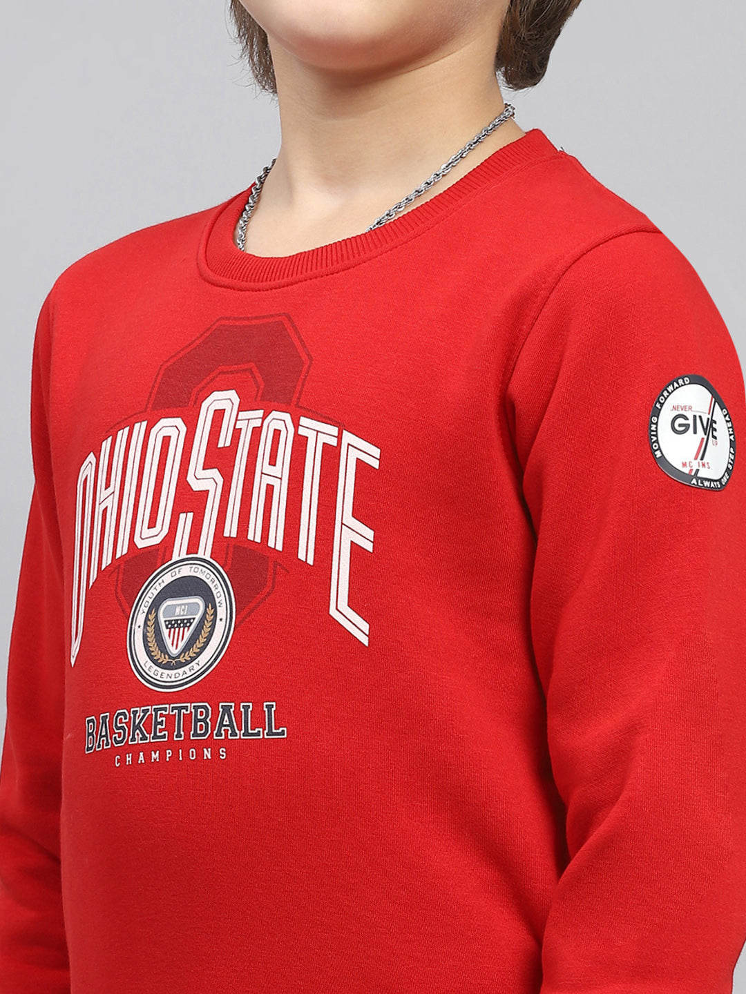 Boys Red Printed Round Neck Full Sleeve Sweatshirt