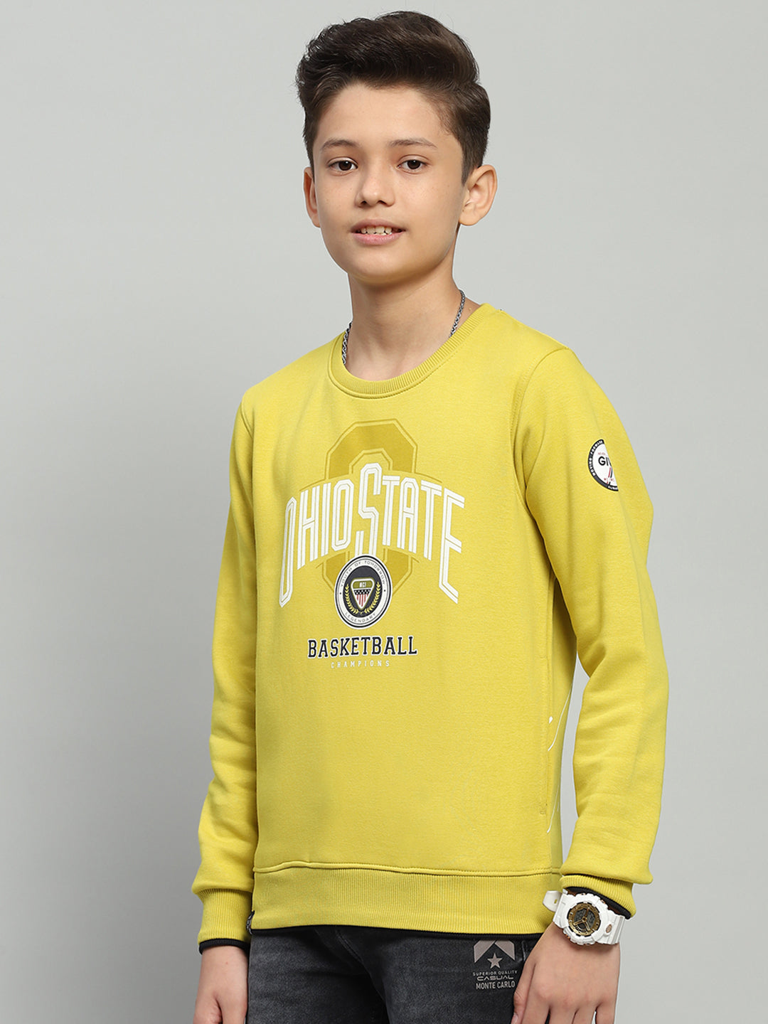 Boys Yellow Printed Round Neck Full Sleeve Sweatshirt