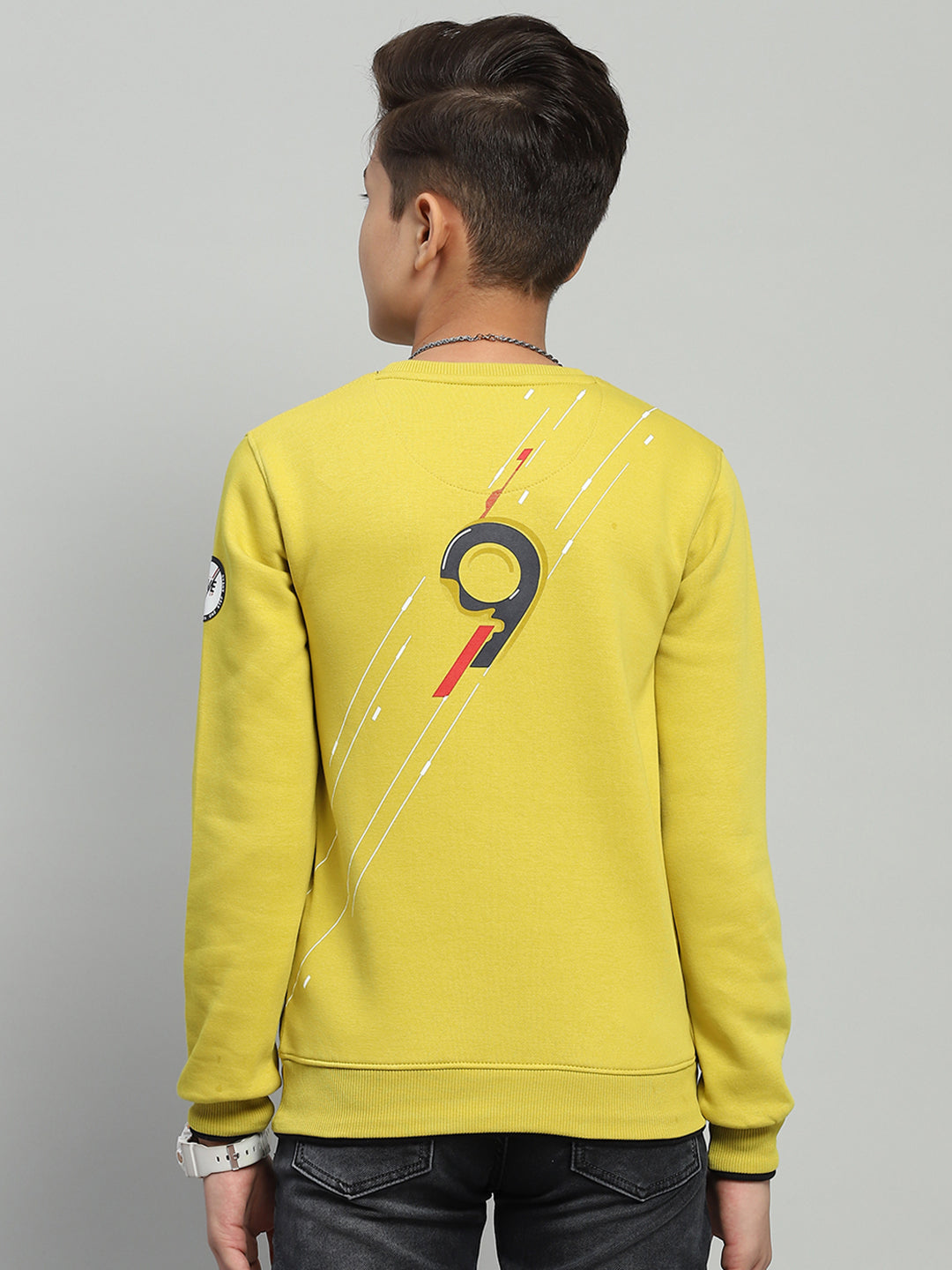 Boys Yellow Printed Round Neck Full Sleeve Sweatshirt