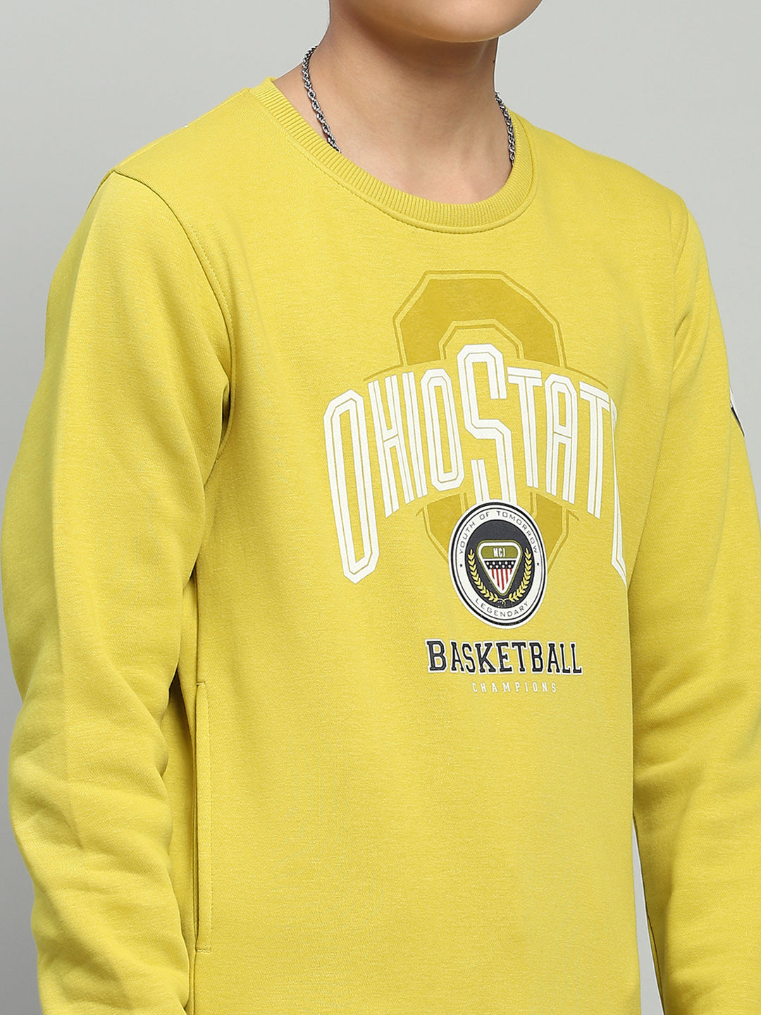 Boys Yellow Printed Round Neck Full Sleeve Sweatshirt