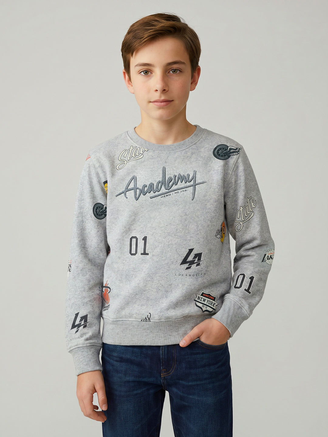 Boys Grey Printed Round Neck Full Sleeve Sweatshirt