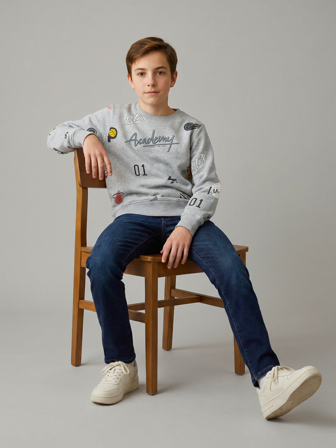 Boys Grey Printed Round Neck Full Sleeve Sweatshirt