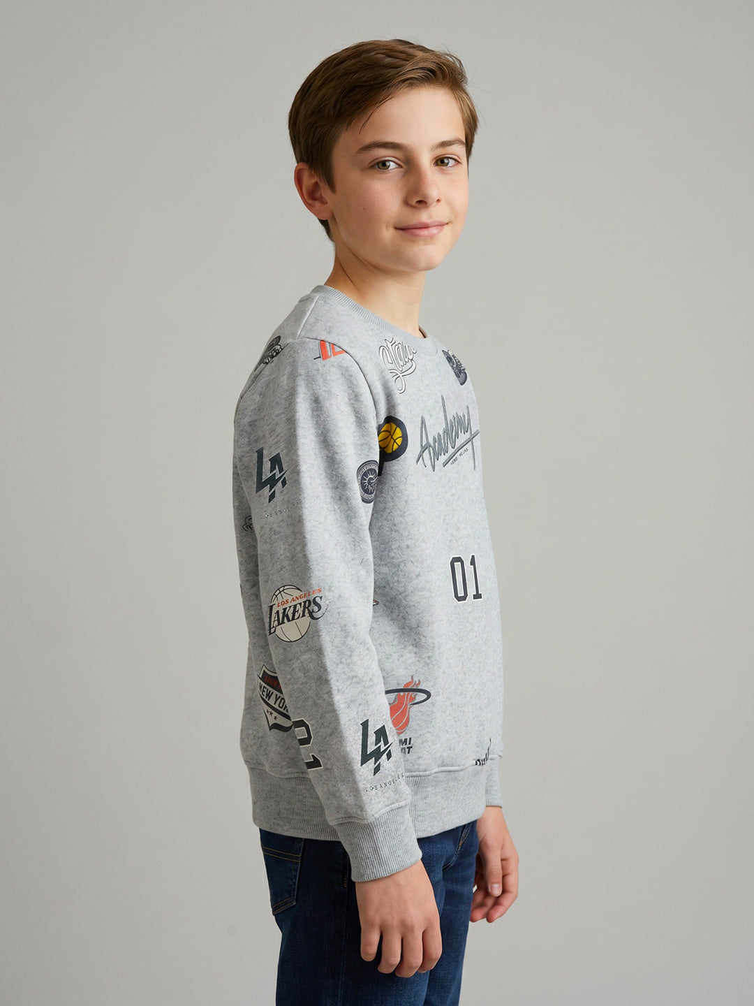 Boys Grey Printed Round Neck Full Sleeve Sweatshirt