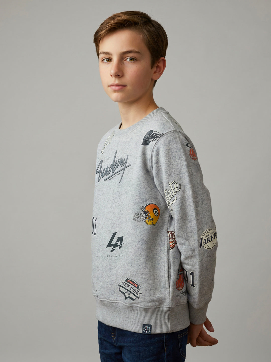 Boys Grey Printed Round Neck Full Sleeve Sweatshirt