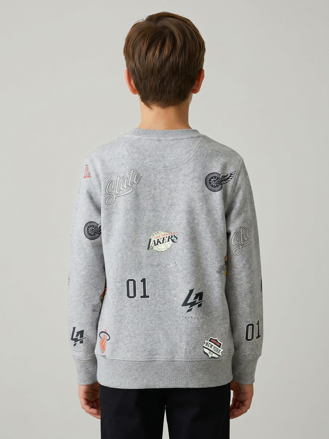 Boys Grey Printed Round Neck Full Sleeve Sweatshirt