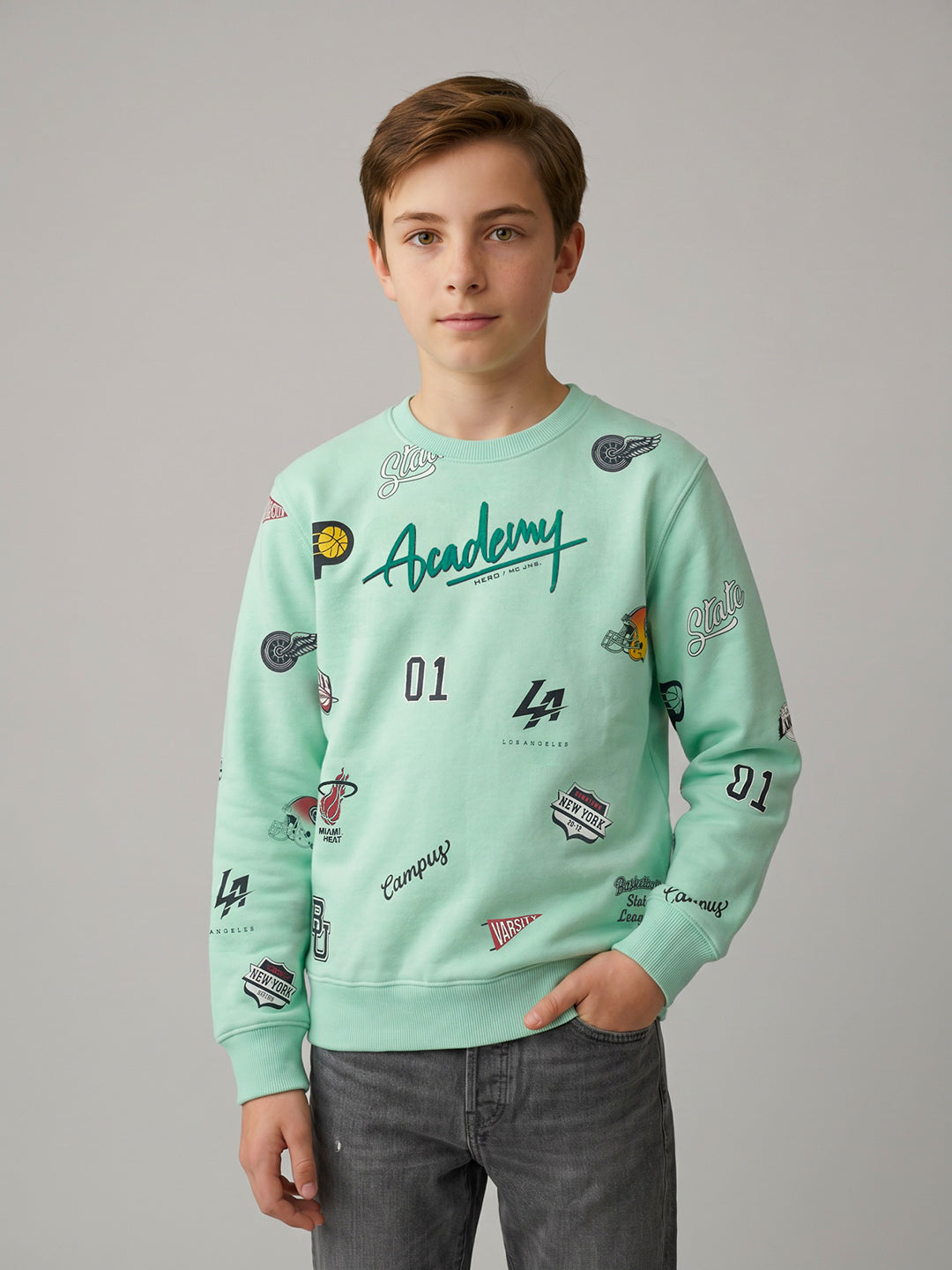 Boys Grey Printed Round Neck Full Sleeve Sweatshirt