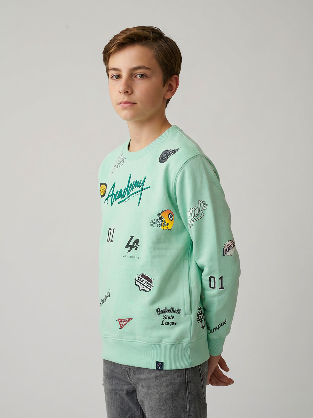 Boys Grey Printed Round Neck Full Sleeve Sweatshirt