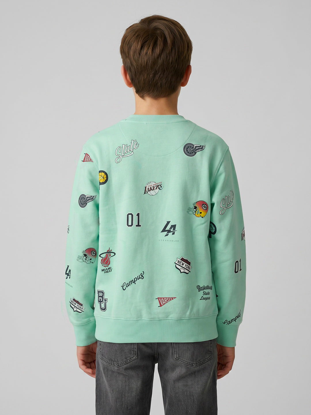 Boys Grey Printed Round Neck Full Sleeve Sweatshirt