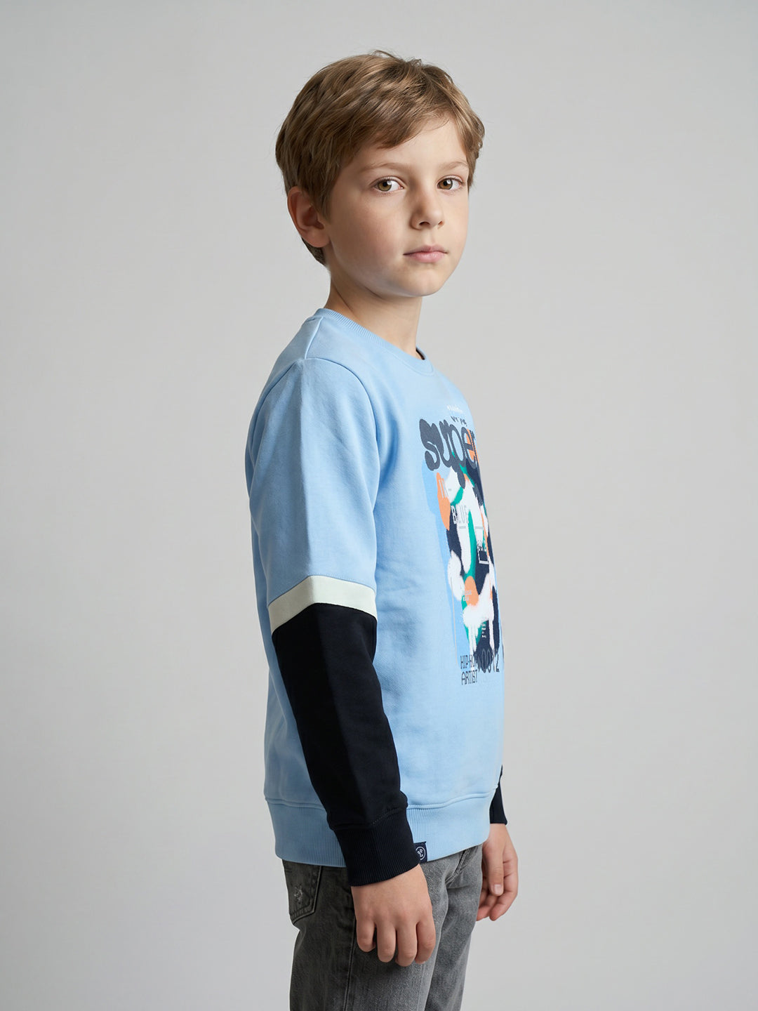 Boys Blue Printed Round Neck Full Sleeve Sweatshirt