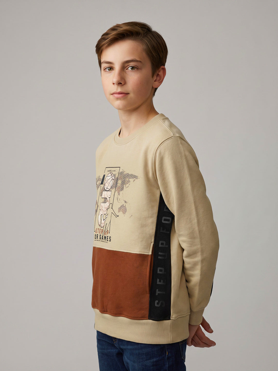 Boys Beige Printed Round Neck Full Sleeve Sweatshirt