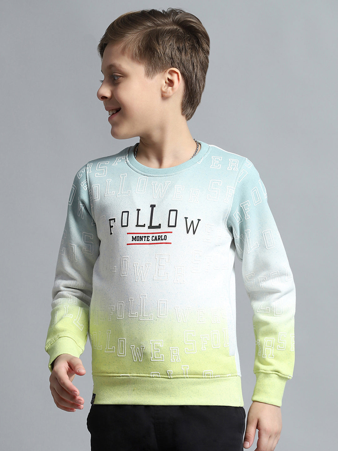 Boys Green Printed Round Neck Full Sleeve Sweatshirt