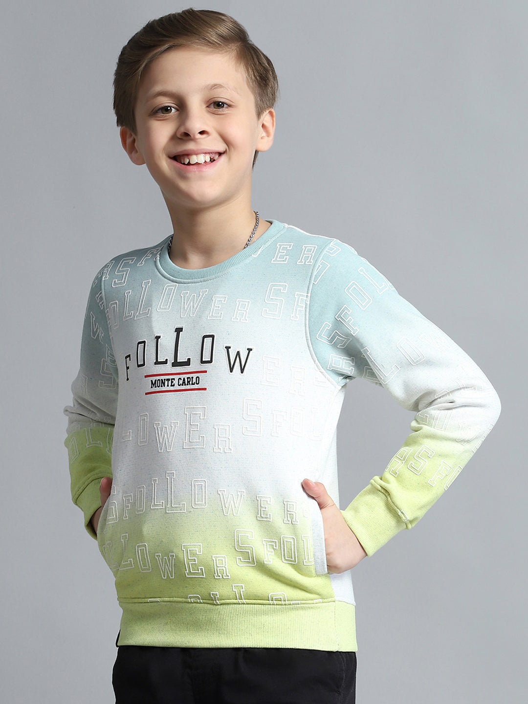 Boys Green Printed Round Neck Full Sleeve Sweatshirt