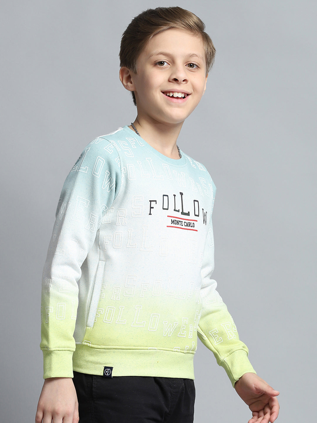 Boys Green Printed Round Neck Full Sleeve Sweatshirt