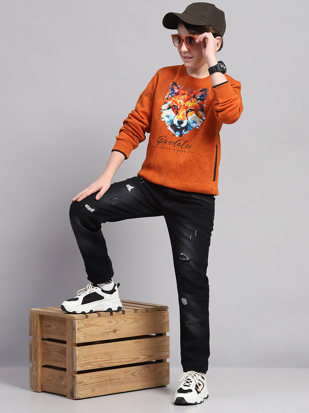 Boys Rust Printed Round Neck Full Sleeve Sweatshirt