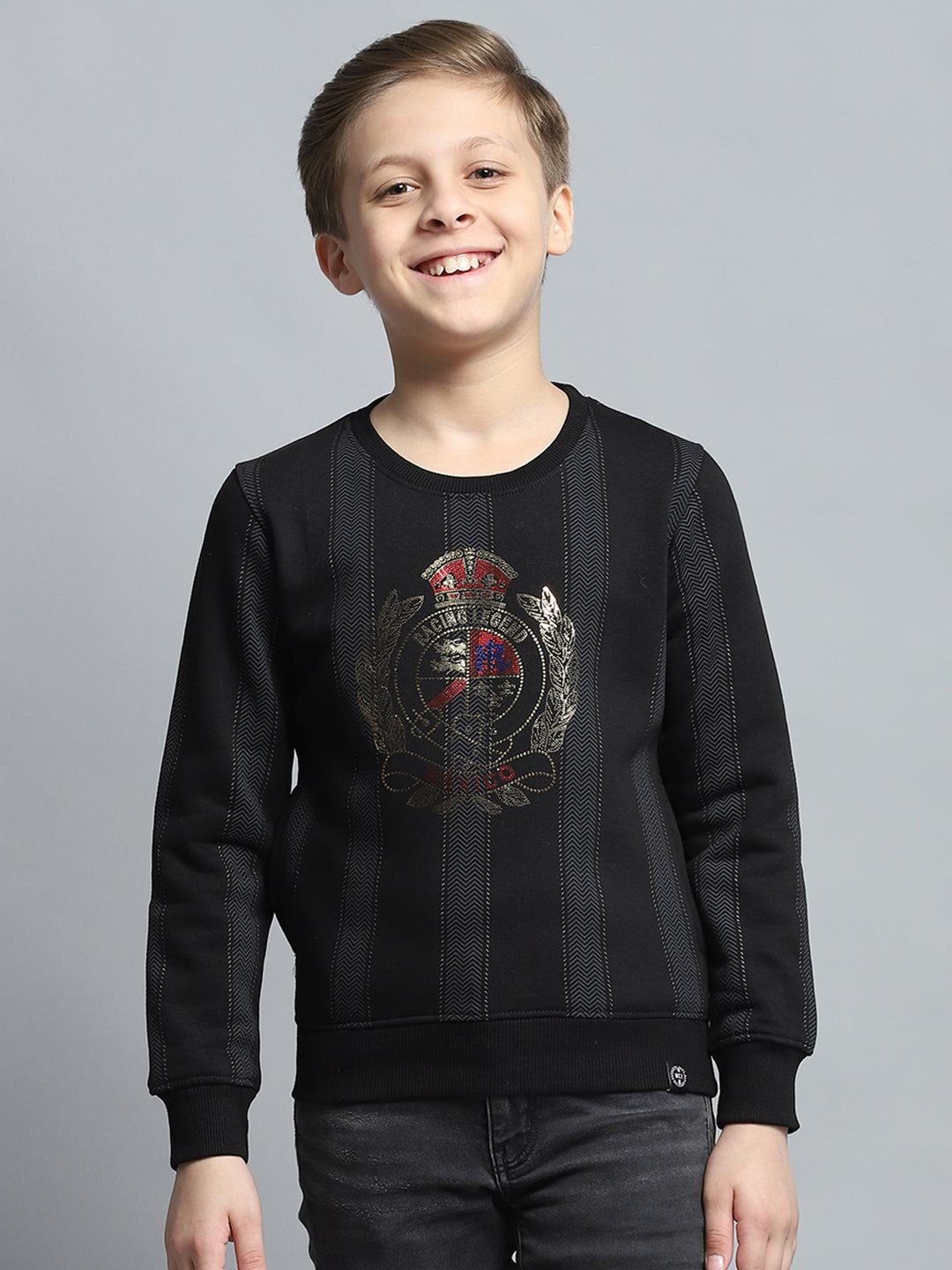 Boys Black Printed Round Neck Full Sleeve Sweatshirt