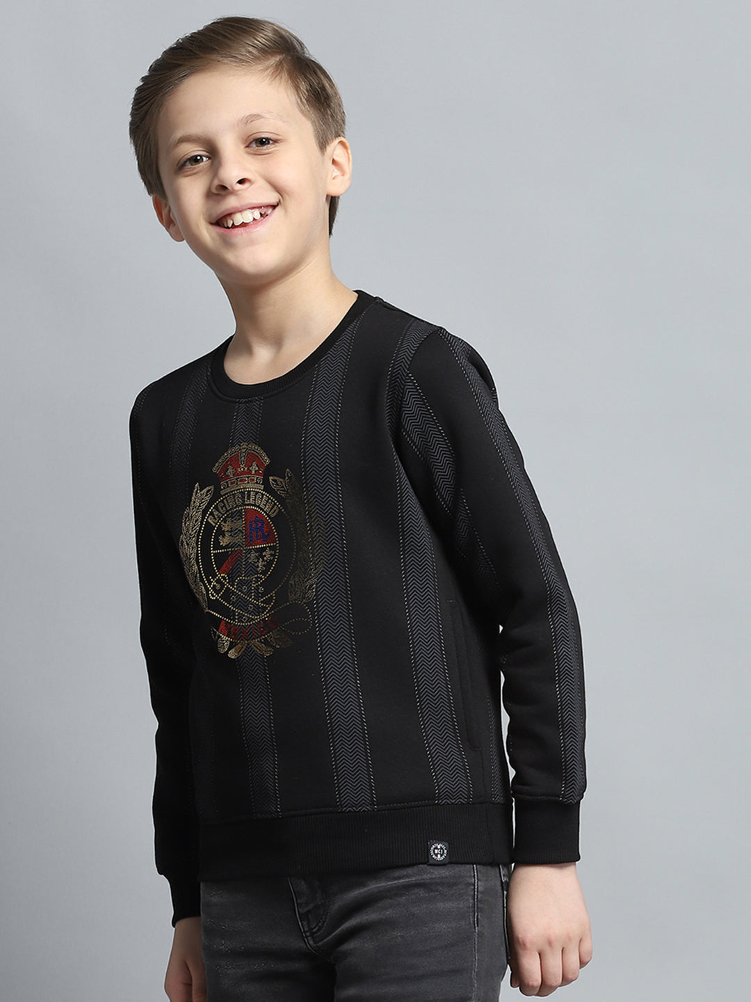 Boys Black Printed Round Neck Full Sleeve Sweatshirt