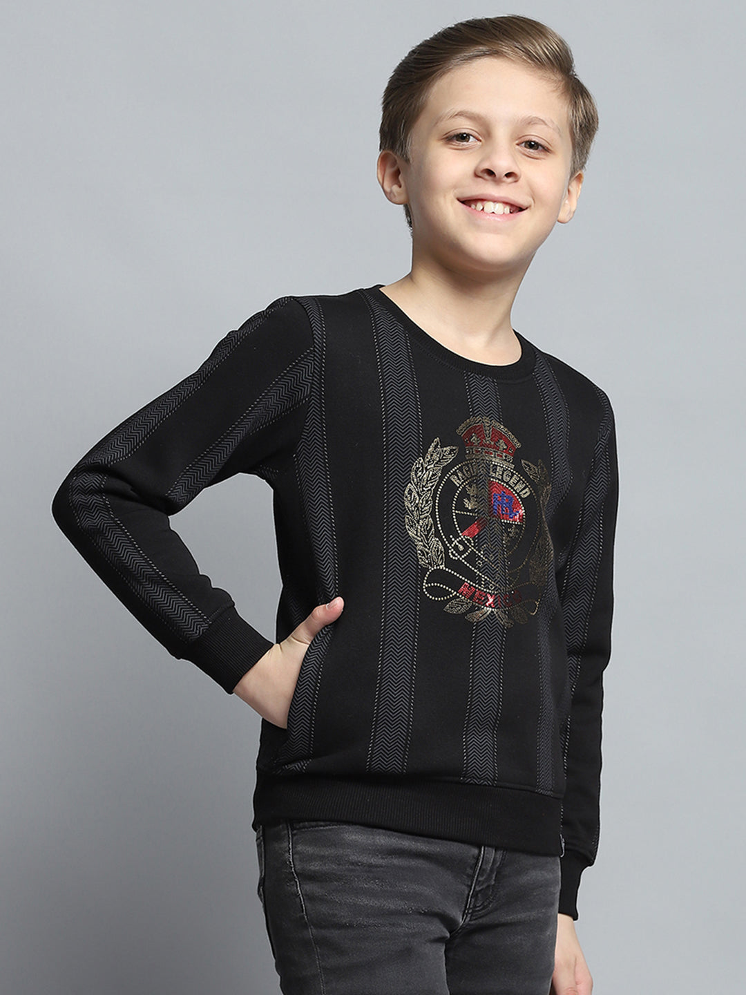 Boys Black Printed Round Neck Full Sleeve Sweatshirt