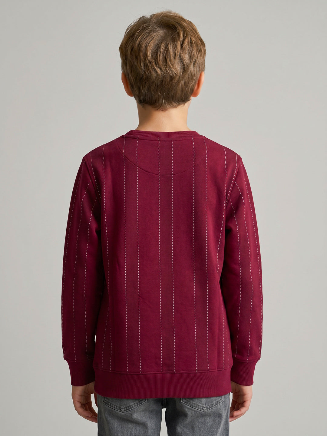 Boys Maroon Embellished Round Neck Full Sleeve Sweatshirt