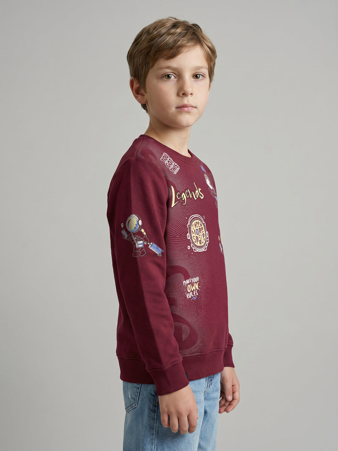 Boys Maroon Printed Round Neck Full Sleeve Sweatshirt