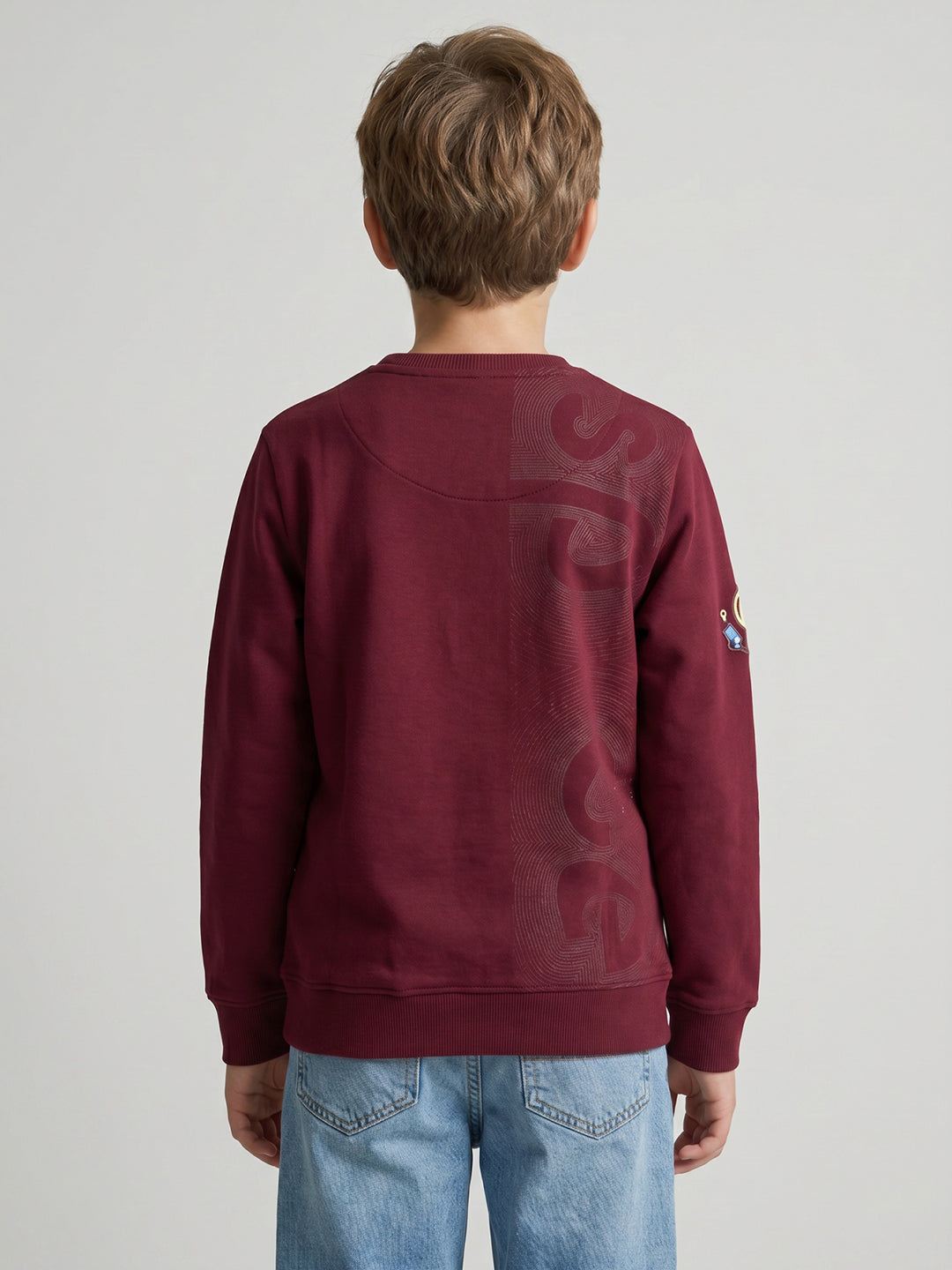 Boys Maroon Printed Round Neck Full Sleeve Sweatshirt
