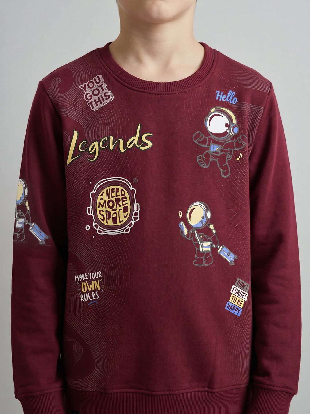 Boys Maroon Printed Round Neck Full Sleeve Sweatshirt