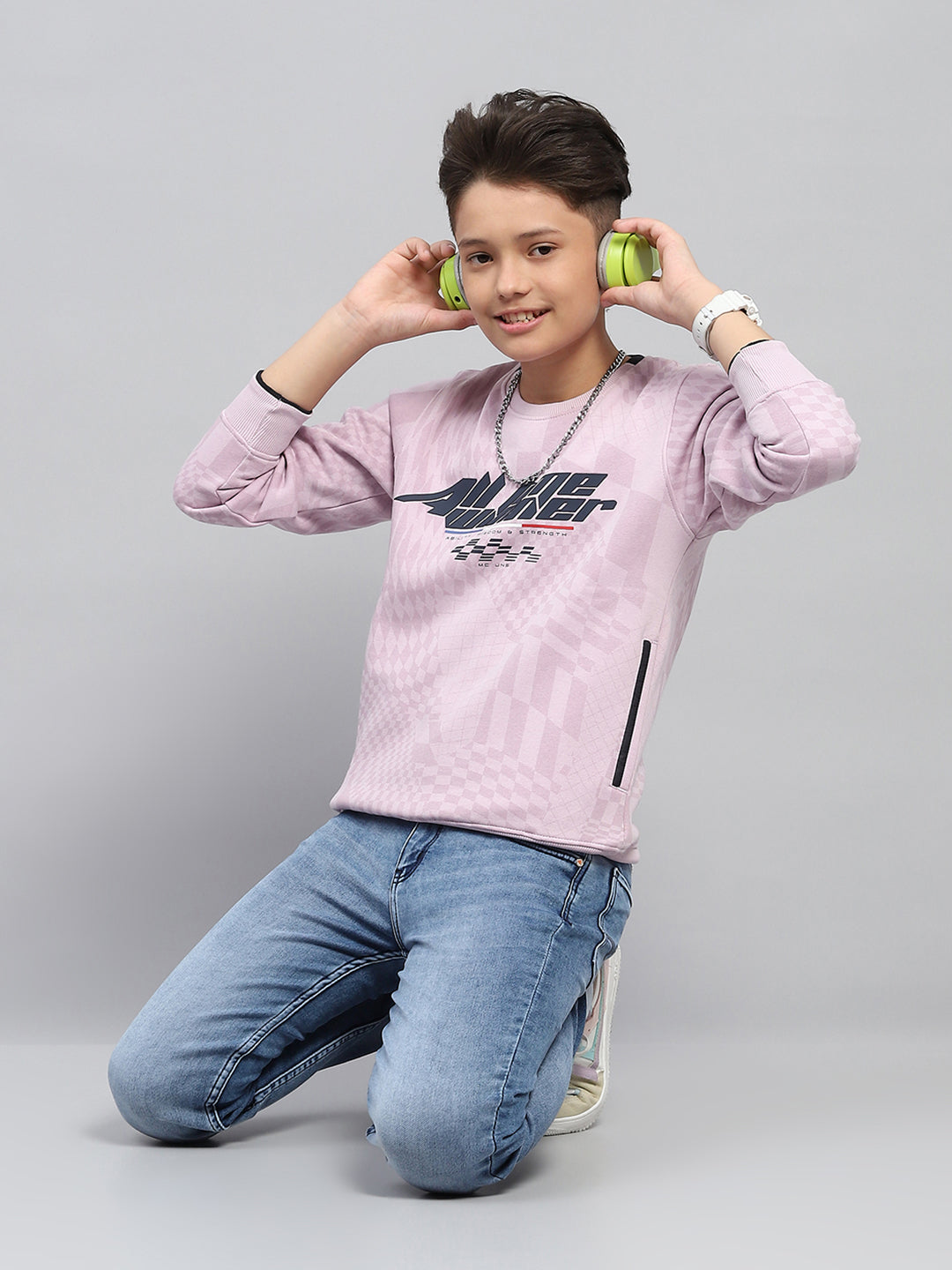 Boys Purple Printed Round Neck Full Sleeve Sweatshirt