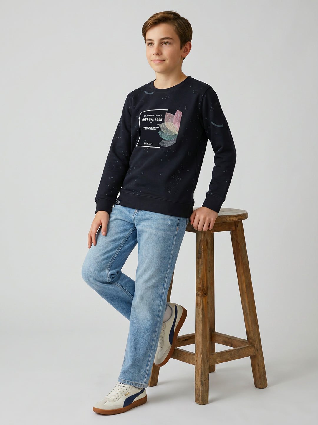 Boys Navy Blue Printed Round Neck Full Sleeve Sweatshirt