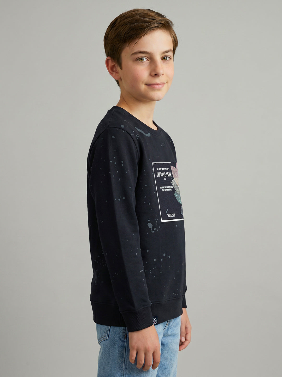 Boys Navy Blue Printed Round Neck Full Sleeve Sweatshirt
