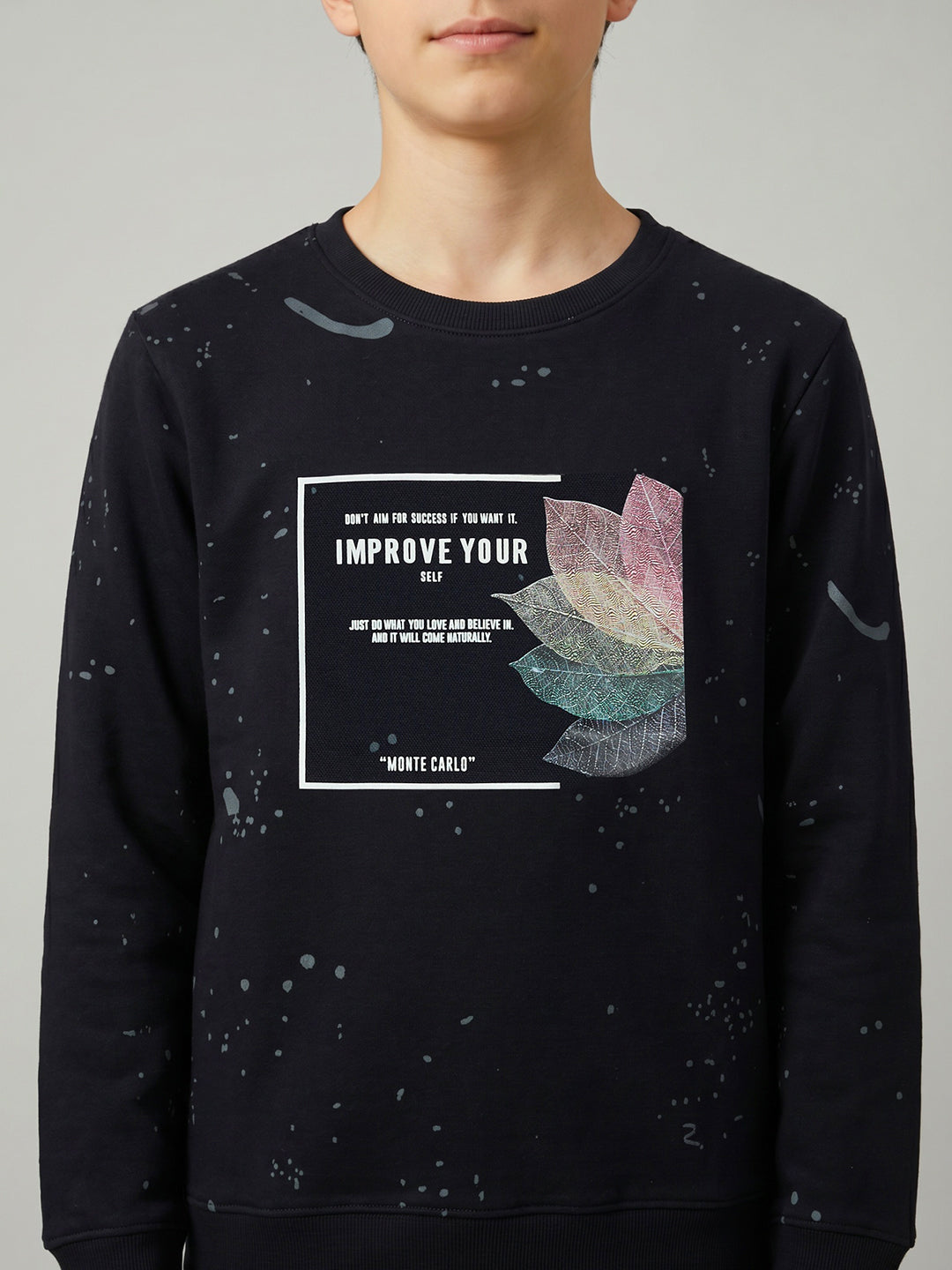 Boys Navy Blue Printed Round Neck Full Sleeve Sweatshirt