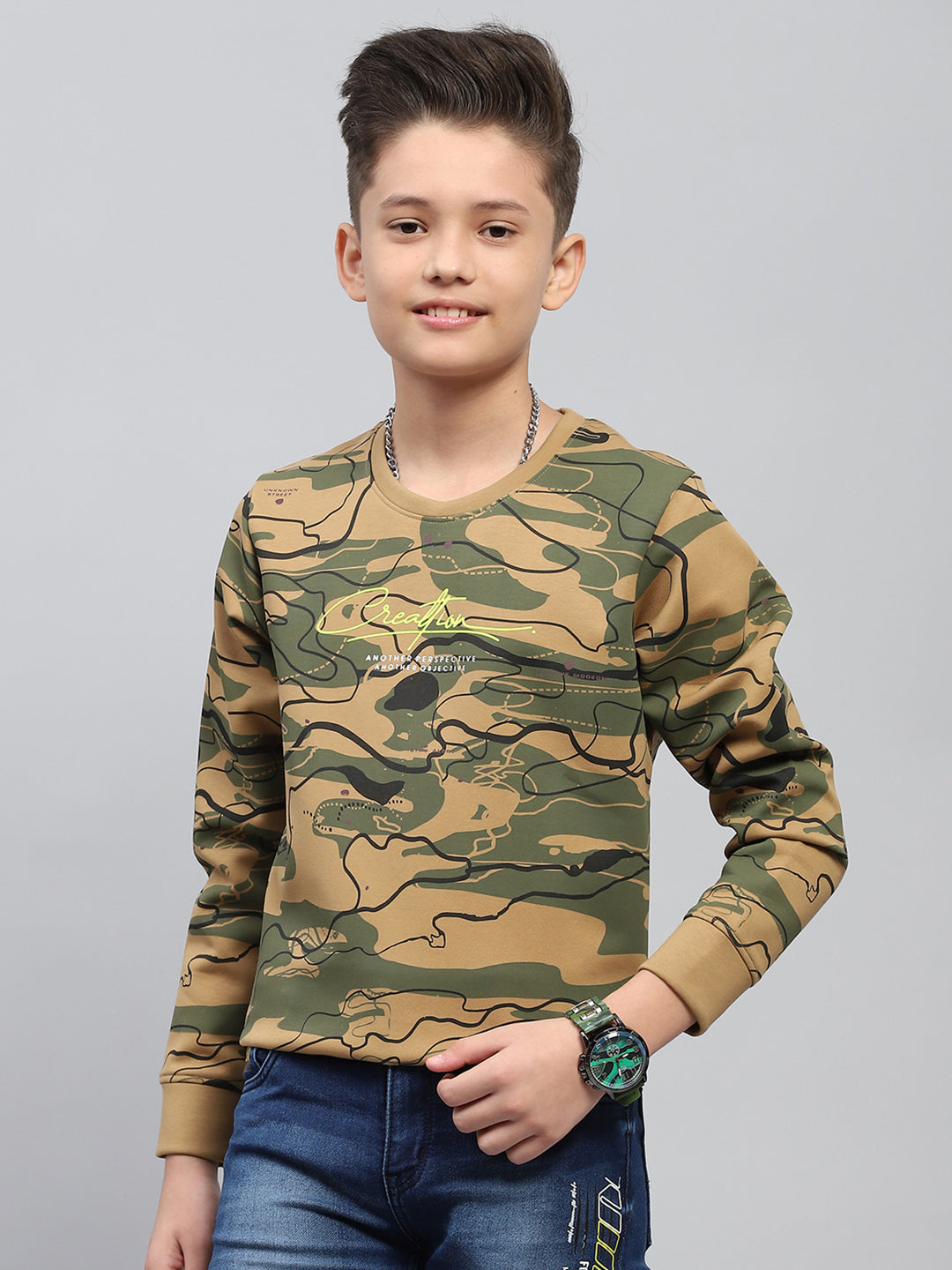 Boys Khaki Printed Round Neck Full Sleeve Sweatshirt