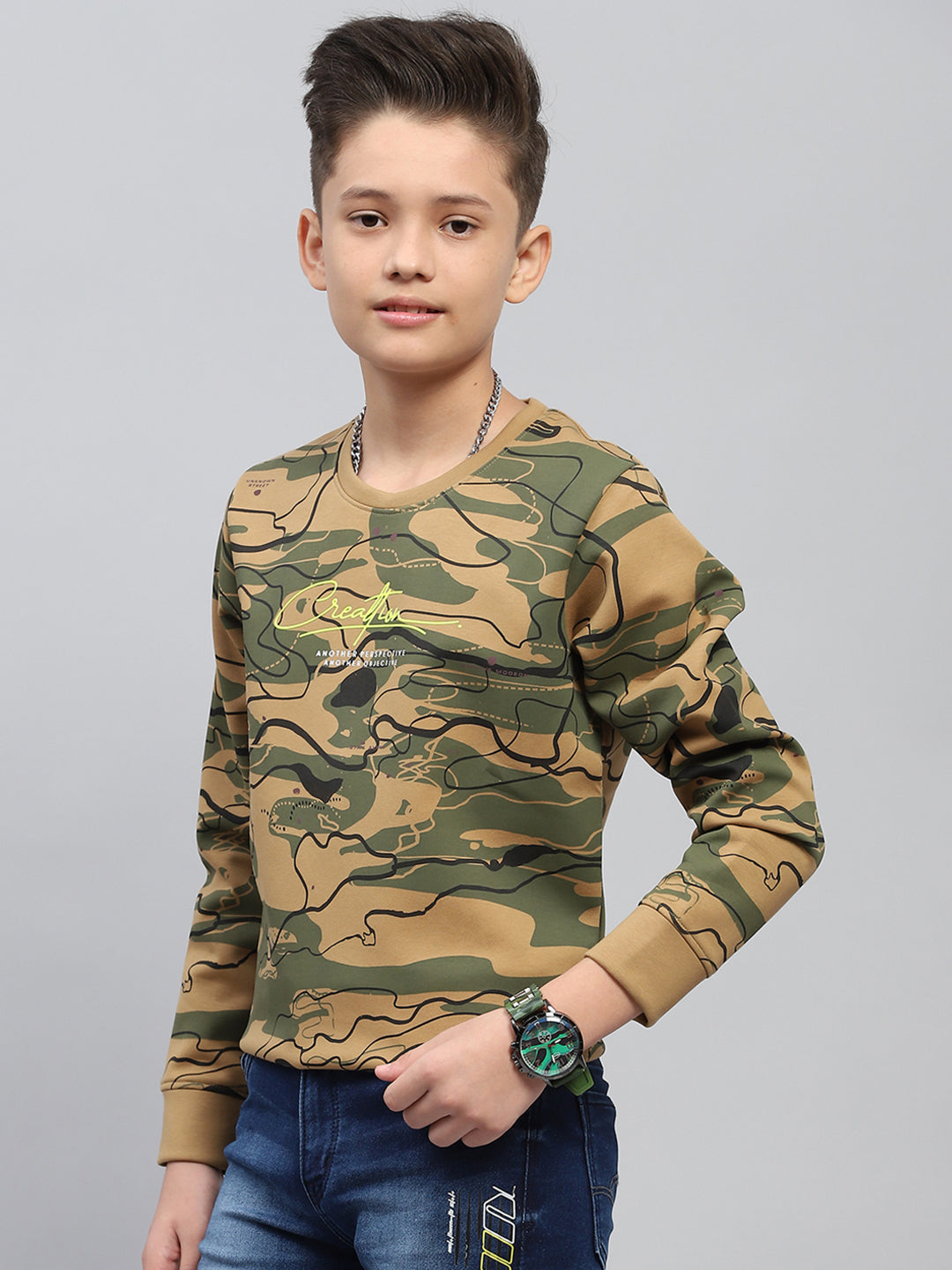 Boys Khaki Printed Round Neck Full Sleeve Sweatshirt