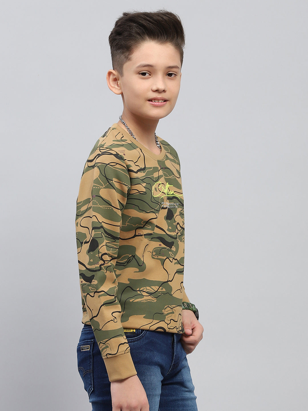 Boys Khaki Printed Round Neck Full Sleeve Sweatshirt