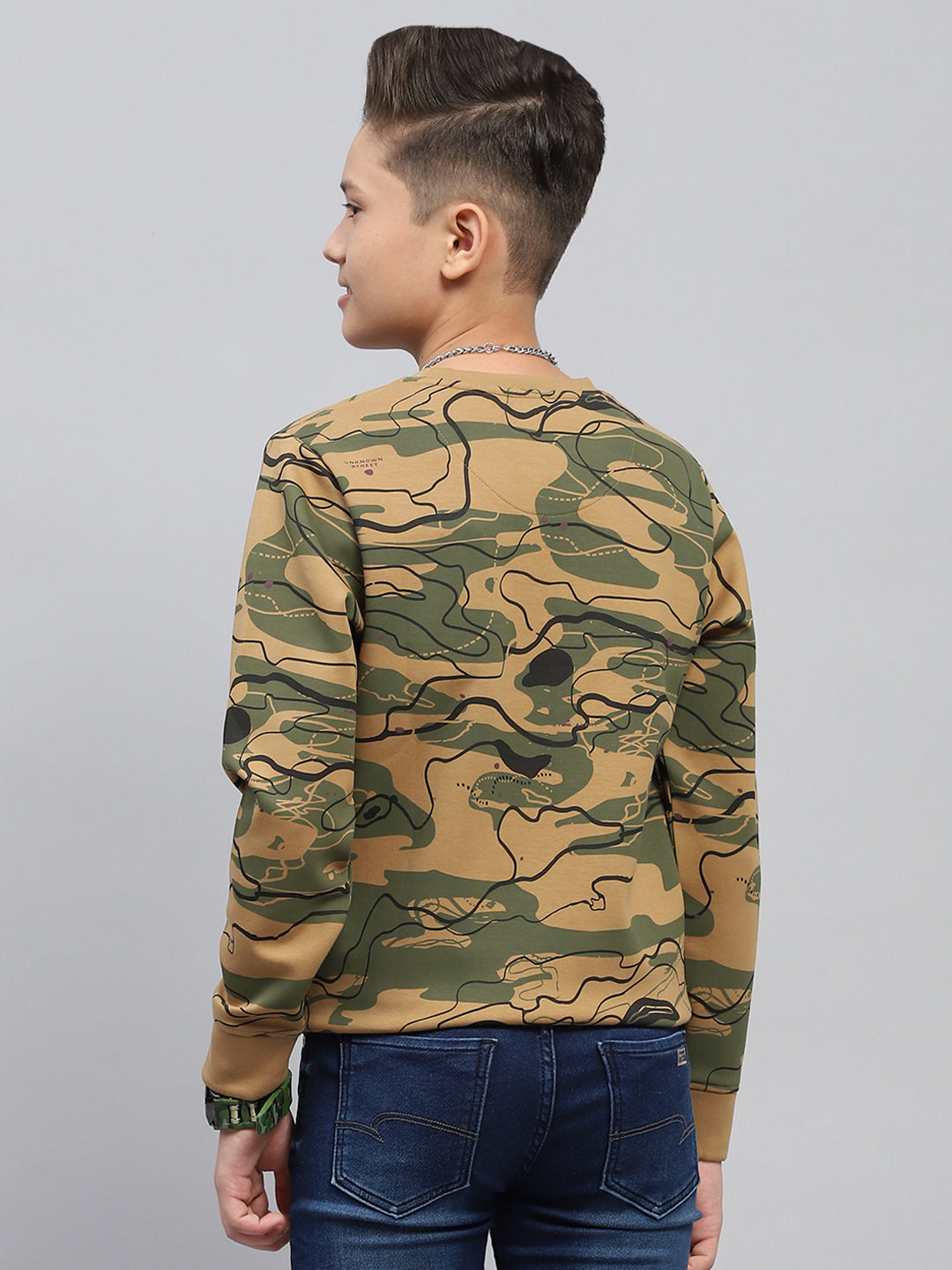 Boys Khaki Printed Round Neck Full Sleeve Sweatshirt