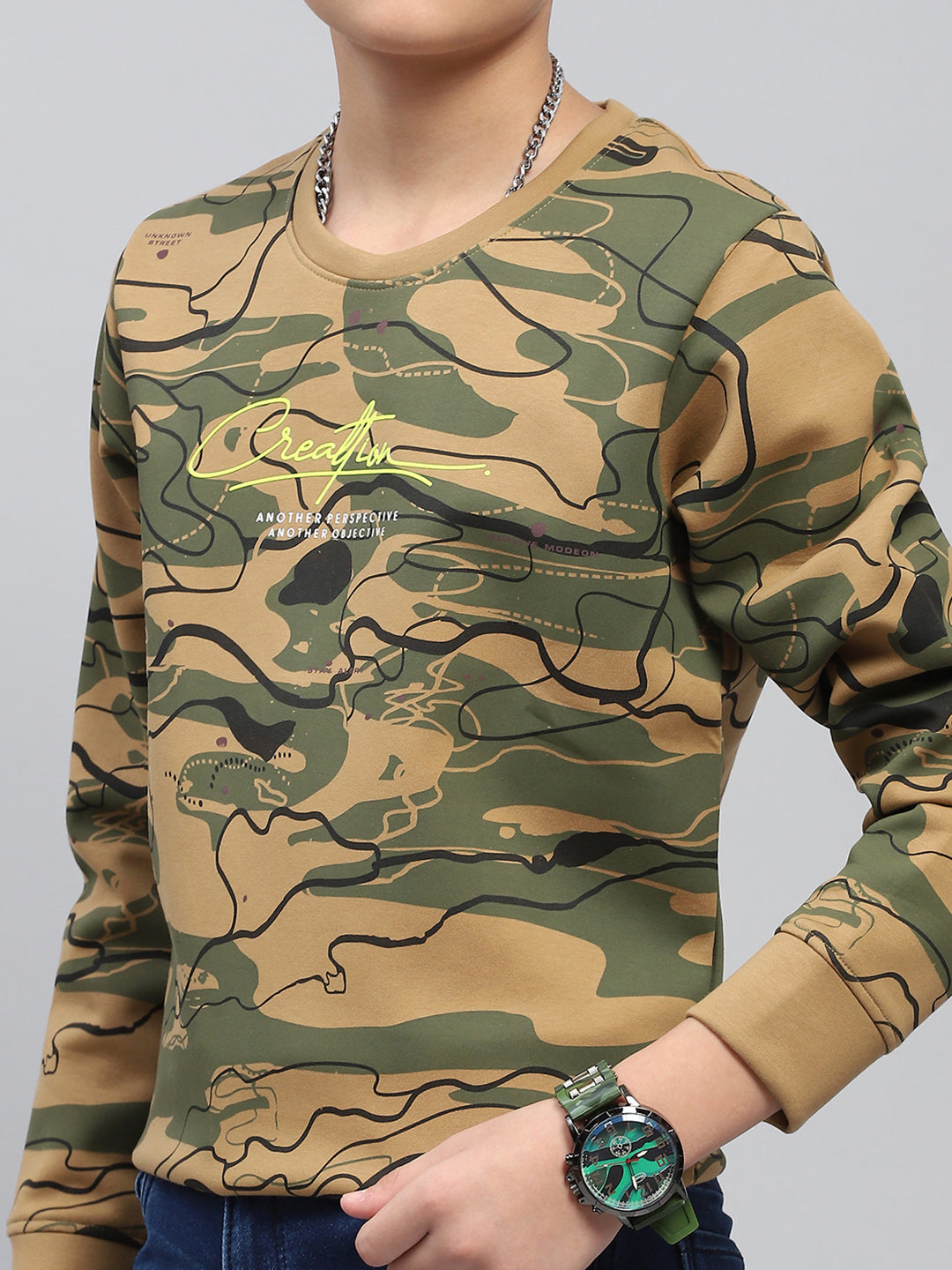 Boys Khaki Printed Round Neck Full Sleeve Sweatshirt