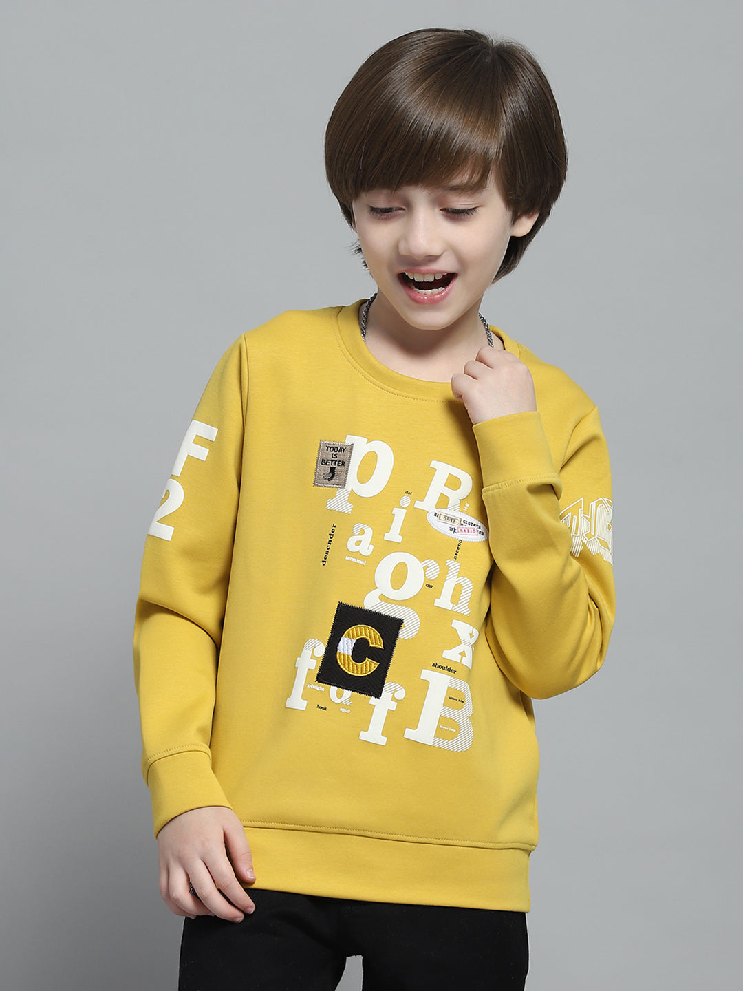 Boys Mustard Printed Round Neck Full Sleeve Sweatshirt