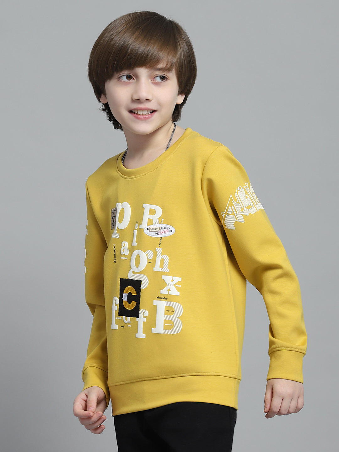 Boys Mustard Printed Round Neck Full Sleeve Sweatshirt