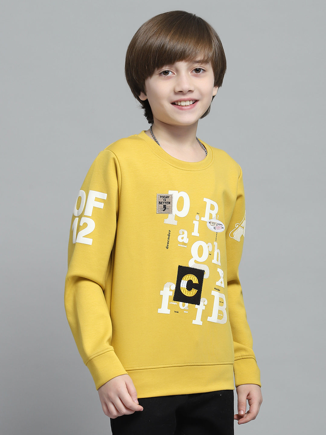 Boys Mustard Printed Round Neck Full Sleeve Sweatshirt