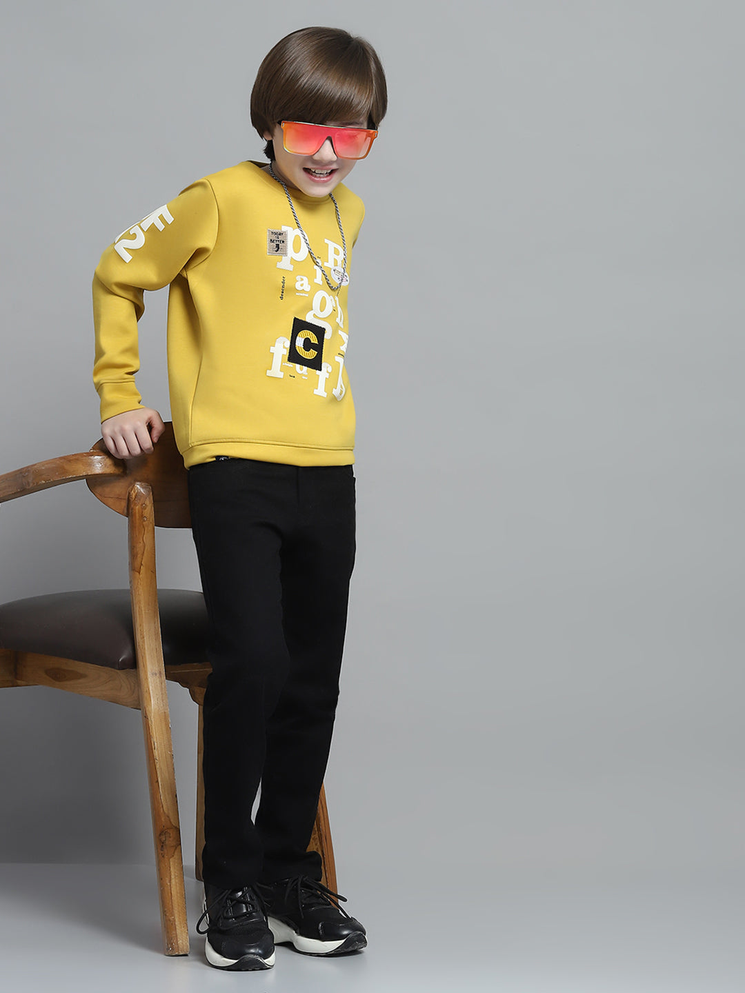 Boys Mustard Printed Round Neck Full Sleeve Sweatshirt