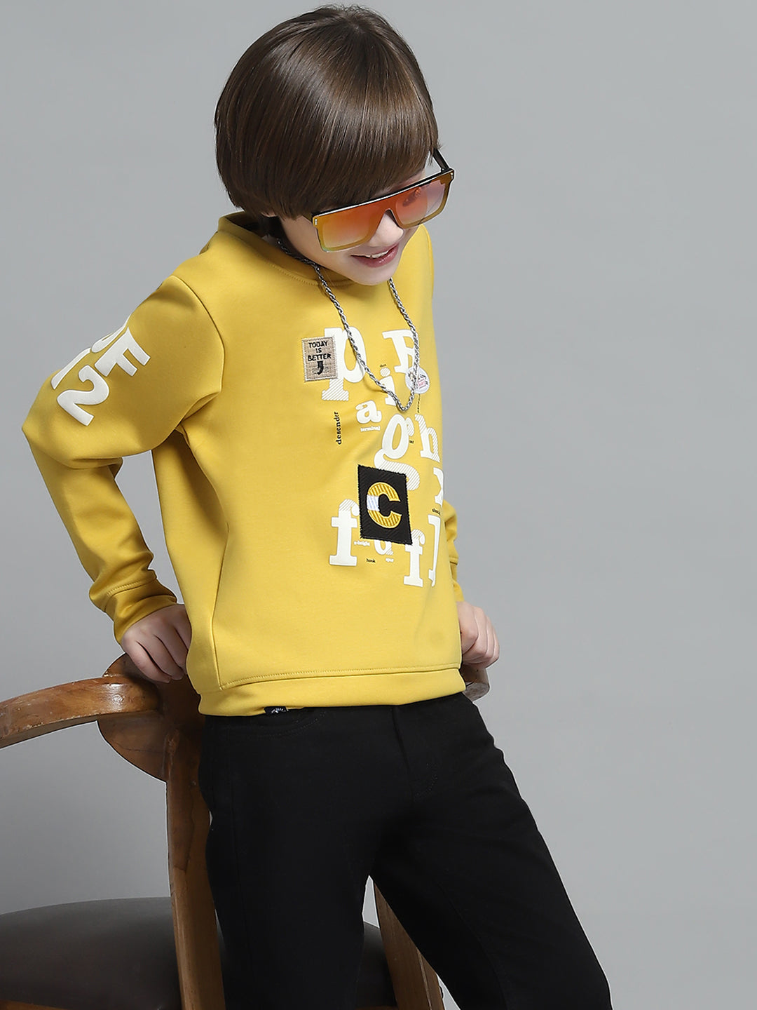 Boys Mustard Printed Round Neck Full Sleeve Sweatshirt